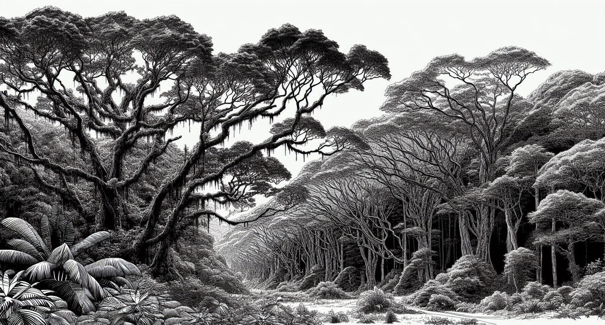 Black and white forest canopy design file showing intricate tree patterns and shadow details
