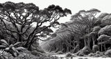 Black and white forest canopy design file showing intricate tree patterns and shadow details