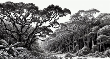 Black and white forest canopy design file showing intricate tree patterns and shadow details