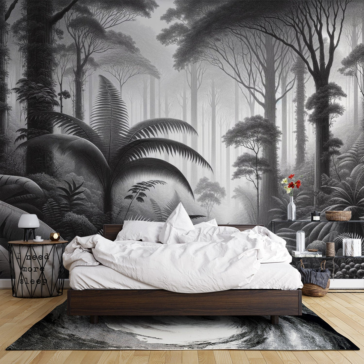 Black and white tropical forest mural wallpaper in modern living room with minimalist furniture