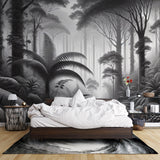 Black and white tropical forest mural wallpaper in modern living room with minimalist furniture