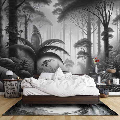 Black and white tropical forest mural wallpaper in modern living room with minimalist furniture