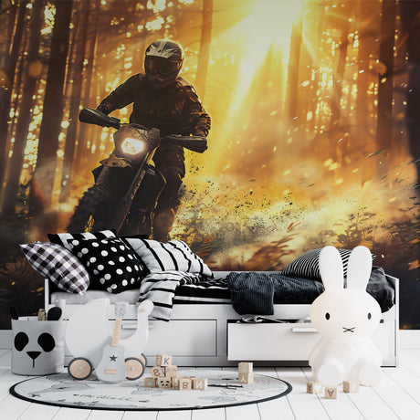 Motorcycle adventure wallpaper bringing energy to a modern teen bedroom with forest sunset theme