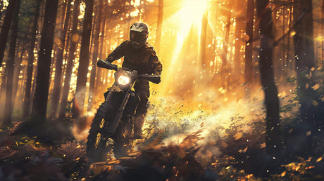 Forest motorcycle adventure design file showing detailed sunset scene and action elements