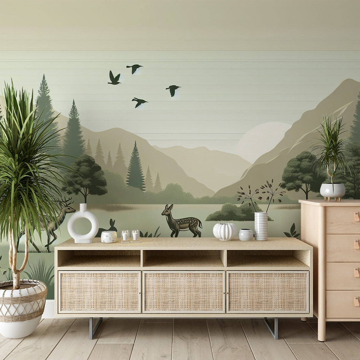 Forest wildlife wallpaper creating a cozy atmosphere in a modern living room with natural light and wooden furniture