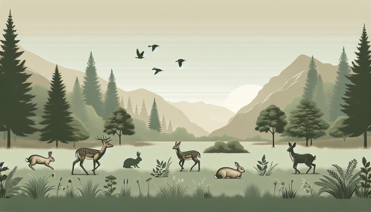 Mountain lake with woodland animals design file showing detailed forest wildlife scene and misty peaks