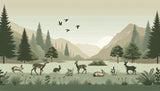 Mountain lake with woodland animals design file showing detailed forest wildlife scene and misty peaks