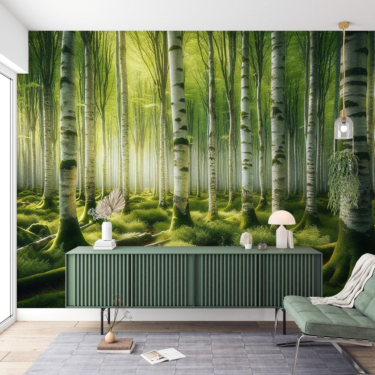 Birch forest wallpaper mural creating depth in a modern living room with natural light streaming through windows