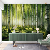 Birch forest wallpaper mural creating depth in a modern living room with natural light streaming through windows