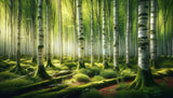 Mystical birch grove forest wallpaper design file showing detailed tree patterns and morning light rays