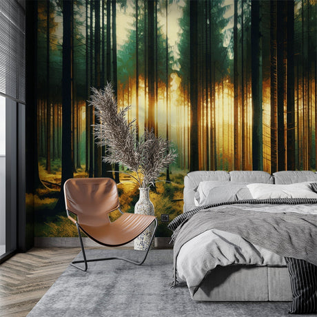 Forest wall mural creating depth in modern living room, sunlit pine trees bring nature indoors
