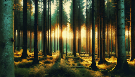 Pine forest wallpaper design file showing golden morning light through misty trees