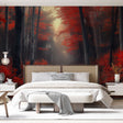 Red forest wallpaper mural displayed in a modern living room, showing how the autumn colors create depth and warmth