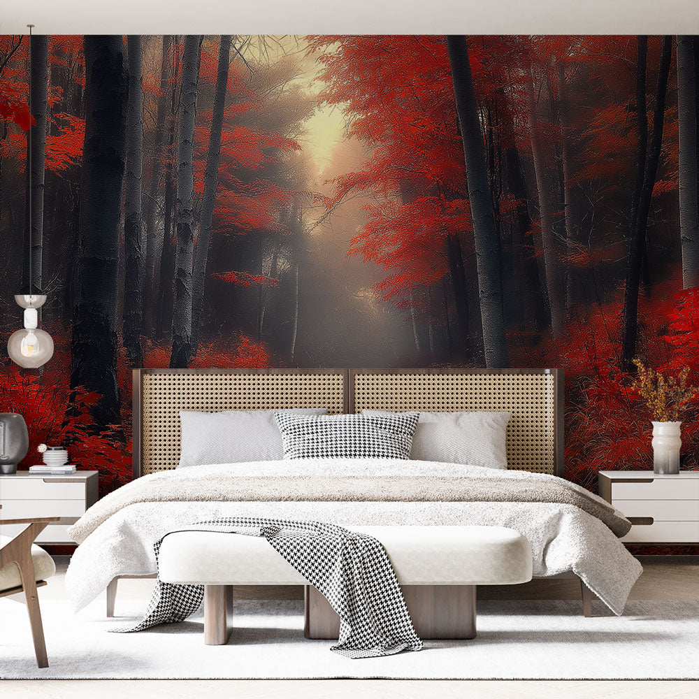 Red forest wallpaper mural displayed in a modern living room, showing how the autumn colors create depth and warmth