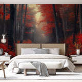 Red forest wallpaper mural displayed in a modern living room, showing how the autumn colors create depth and warmth