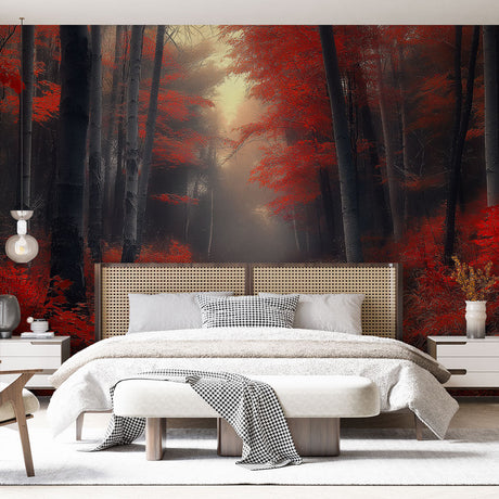 Red forest wallpaper mural displayed in a modern living room, showing how the autumn colors create depth and warmth