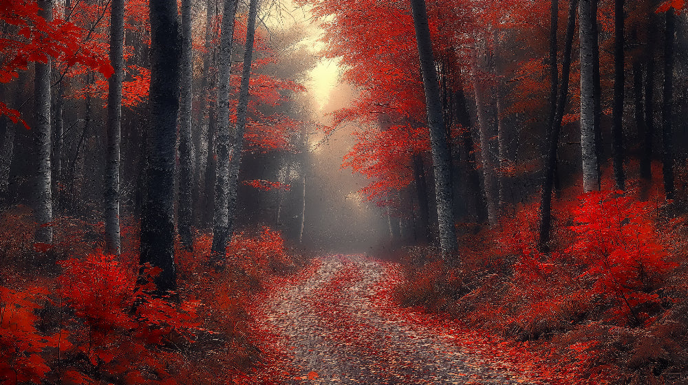 Red autumn forest path design file showing the full mystical woodland scene pattern