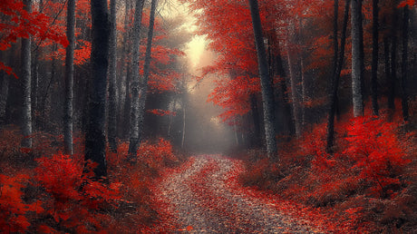 Red autumn forest path design file showing the full mystical woodland scene pattern