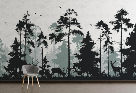 Forest silhouette wallpaper with deer creating a cozy atmosphere in a modern Scandinavian living room