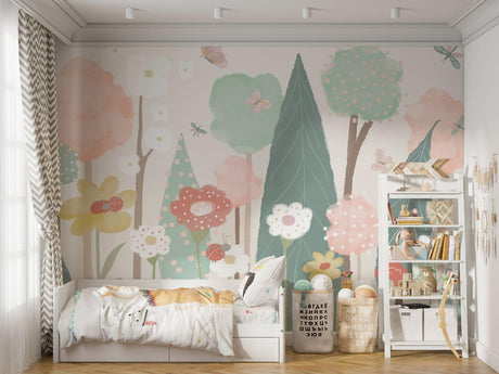 Forest garden wallpaper creating a magical atmosphere in a bright nursery with white furniture