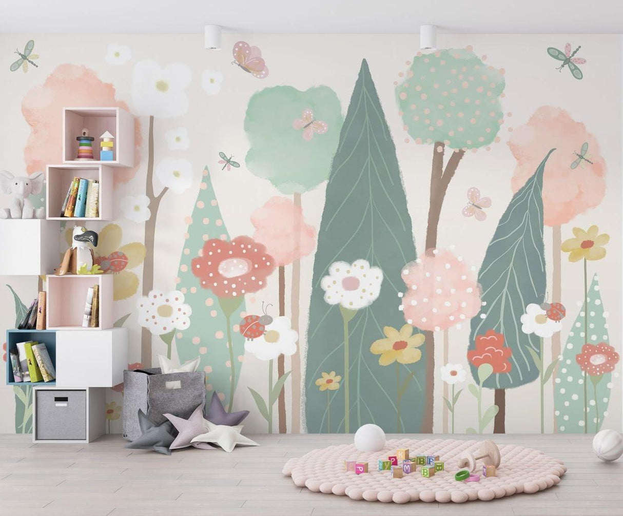 Pastel forest wallpaper with butterflies bringing nature into a child's reading nook