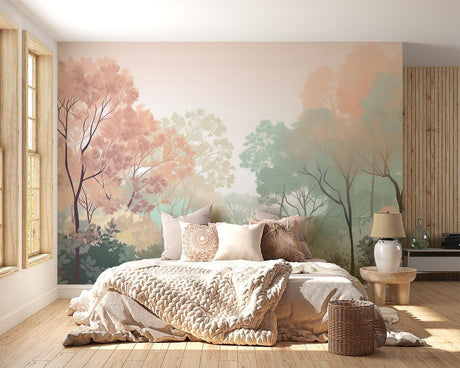 Pink and mint forest wallpaper mural creating a peaceful atmosphere in a modern living room with natural light
