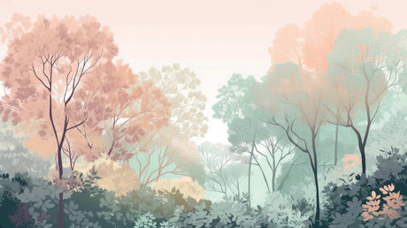 Watercolor forest design file showing delicate pink and mint trees pattern with misty background effect