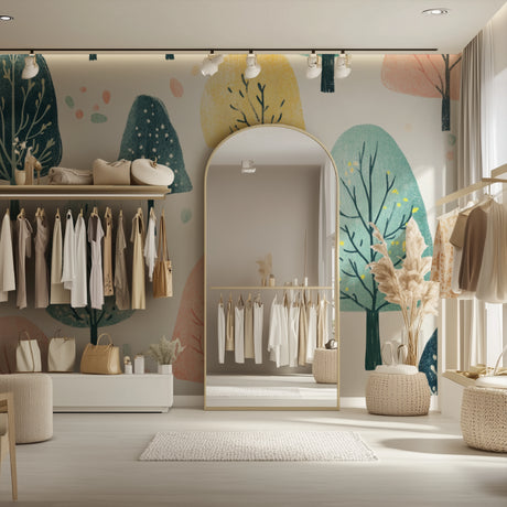 Forest wallpaper mural in bright modern living room showing watercolor tree design in soft pastels