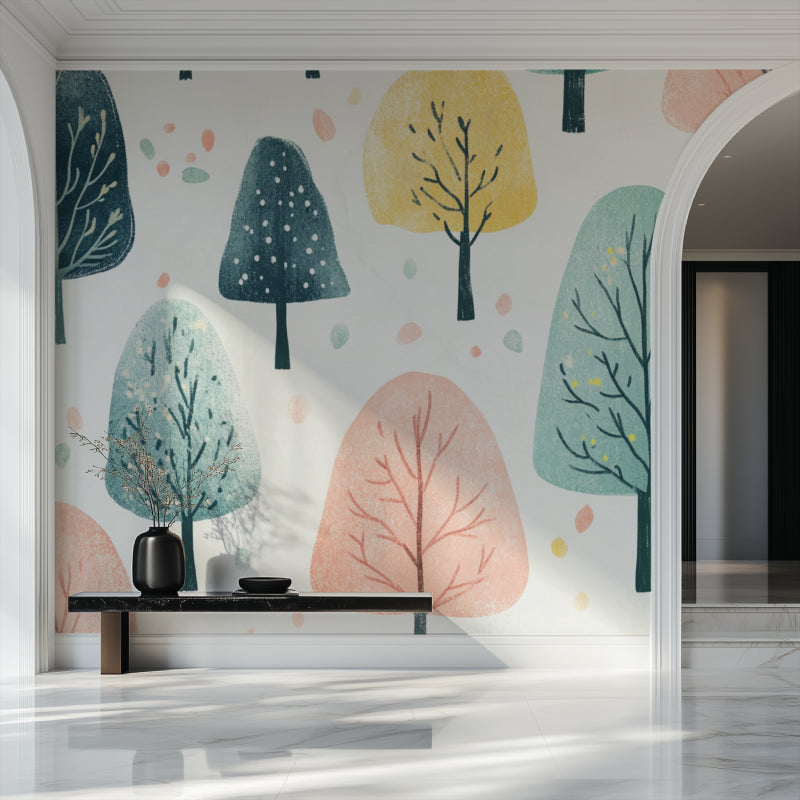 Pastel forest wallpaper creating calm atmosphere in minimal Scandinavian bedroom