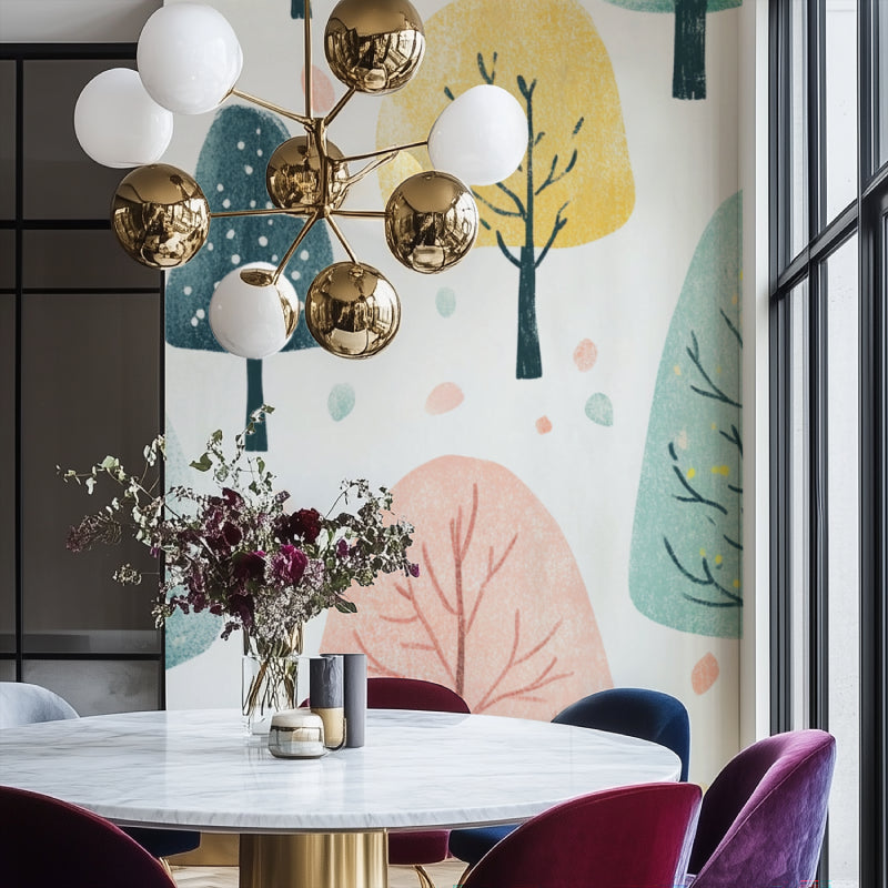Watercolor tree mural wallpaper brightening nursery with soft pastel colors