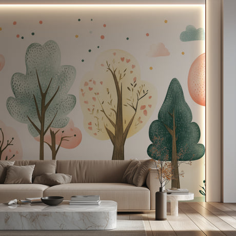 Forest wallpaper mural with pastel trees and hearts creating a cozy atmosphere in a modern nursery