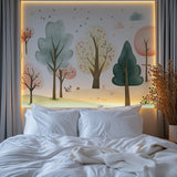 Pastel tree wall mural brightening up a child's reading nook with soft mint and pink tones