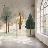 Woodland wallpaper with heart details adding charm to a peaceful bedroom setting