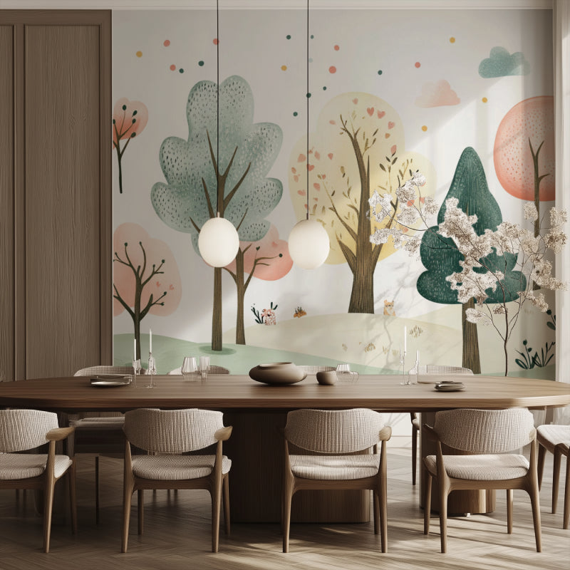 Nature-inspired forest mural creating a serene atmosphere in a home office space