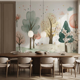 Nature-inspired forest mural creating a serene atmosphere in a home office space
