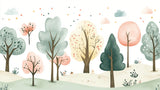 Forest wallpaper design file showing detailed pastel trees and hearts pattern on white background