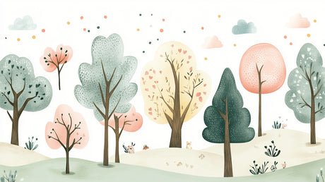 Forest wallpaper design file showing detailed pastel trees and hearts pattern on white background