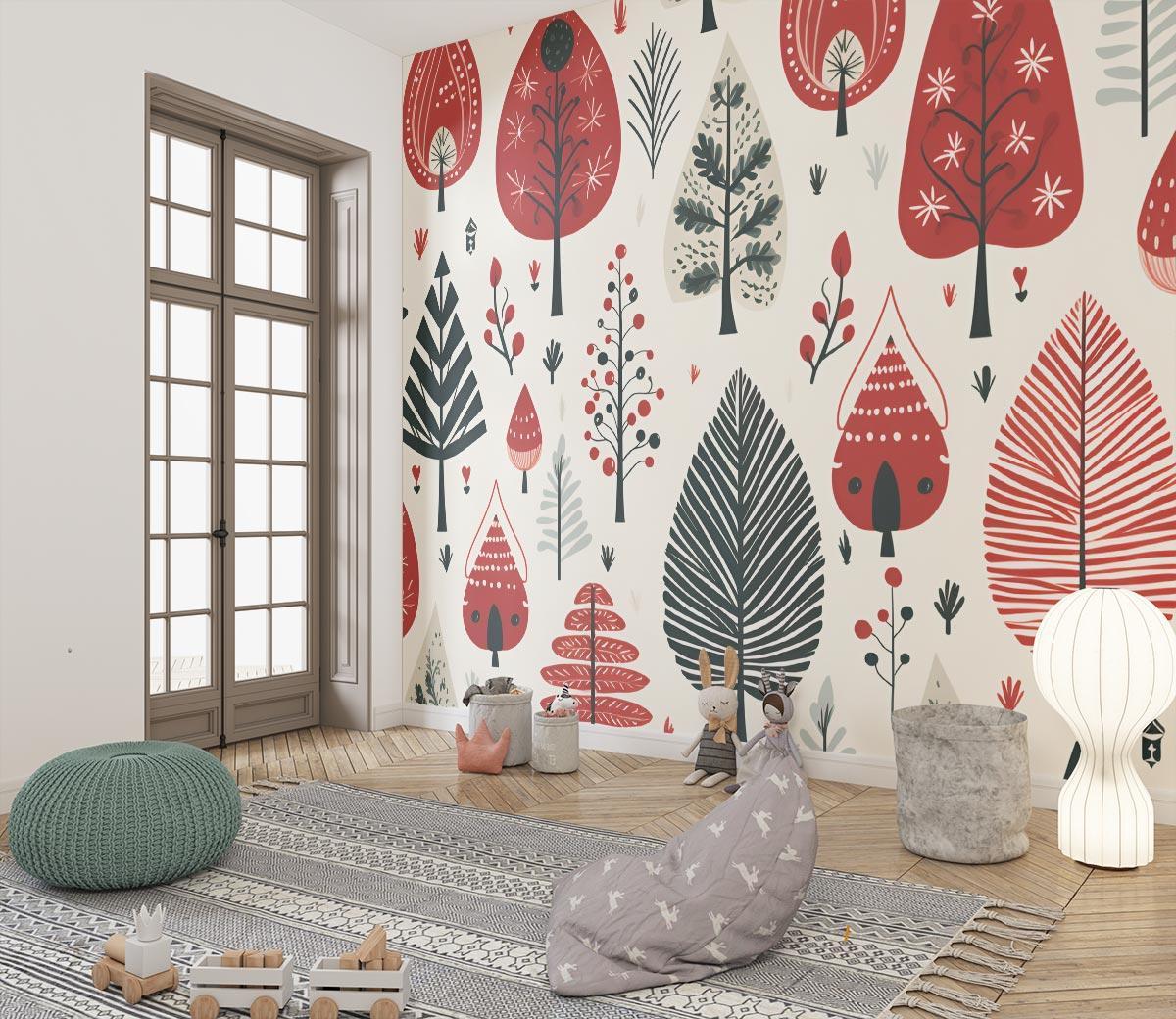 Scandinavian forest wallpaper in modern living room, red and black tree pattern creating cozy atmosphere