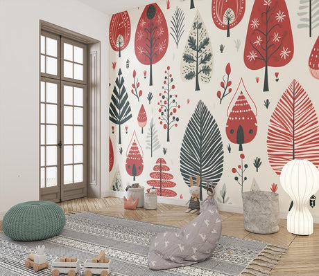 Scandinavian forest wallpaper in modern living room, red and black tree pattern creating cozy atmosphere