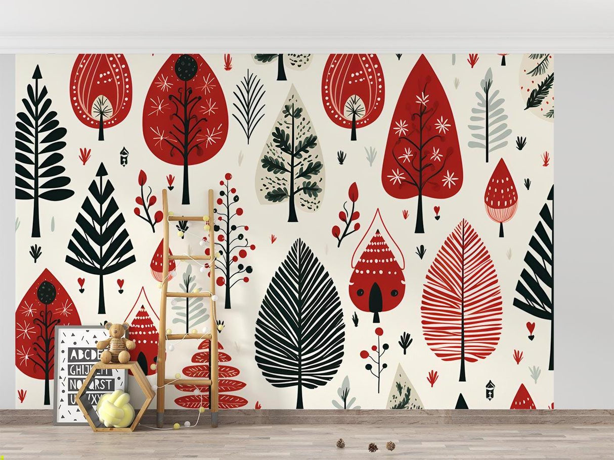 Nordic tree wallpaper in children's bedroom, whimsical red forest design with fairy-tale houses