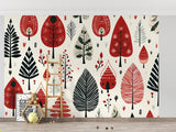 Nordic tree wallpaper in children's bedroom, whimsical red forest design with fairy-tale houses