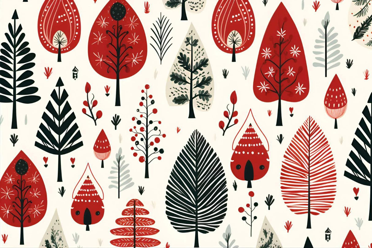 Scandinavian forest pattern design file showing detailed red and black tree motifs on white background