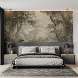 Tree branch wallpaper creating atmosphere in hallway space