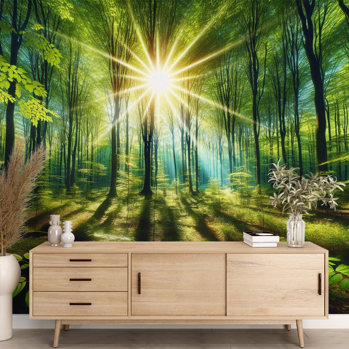 Forest mural wallpaper creating depth in a modern living room, morning light streaming through windows enhances the green canopy design
