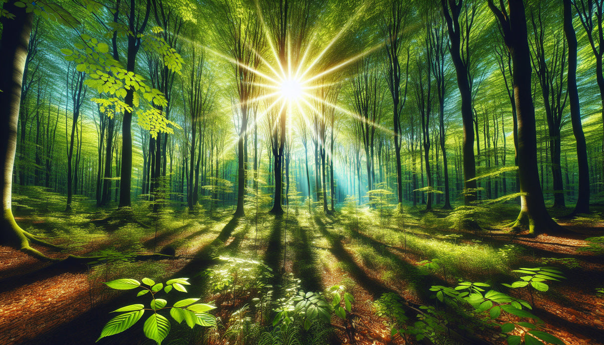 Sunlit forest wallpaper design file showing detailed green canopy pattern with golden light rays