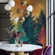 Forest wall mural creating a cozy atmosphere in a modern living room with golden sunset tones