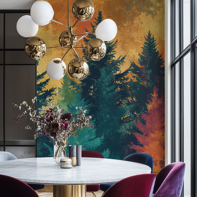 Forest wall mural creating a cozy atmosphere in a modern living room with golden sunset tones