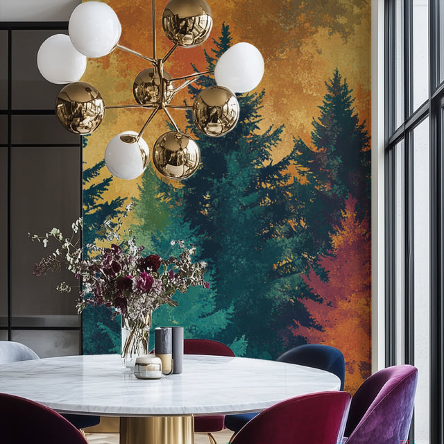 Forest wall mural creating a cozy atmosphere in a modern living room with golden sunset tones