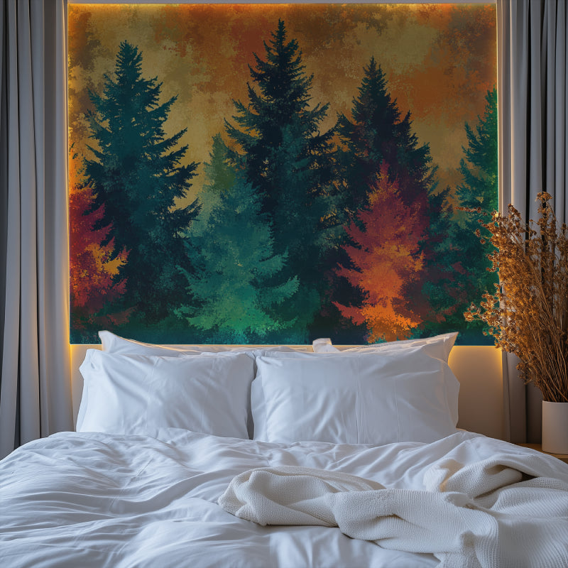 Pine forest wallpaper adding warmth to a minimalist bedroom setting