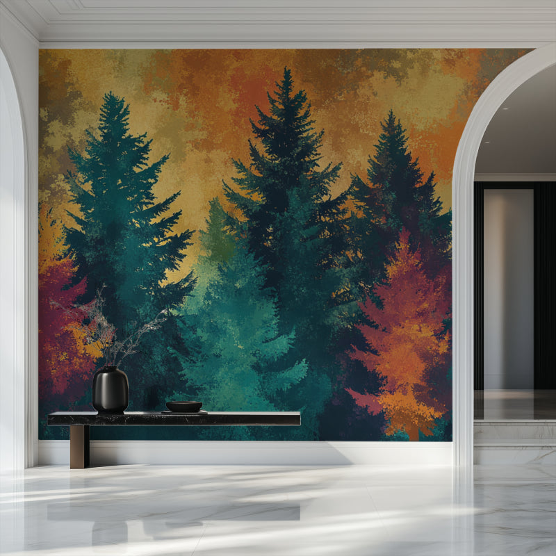 Nature wall mural transforming a home office with sunset forest views